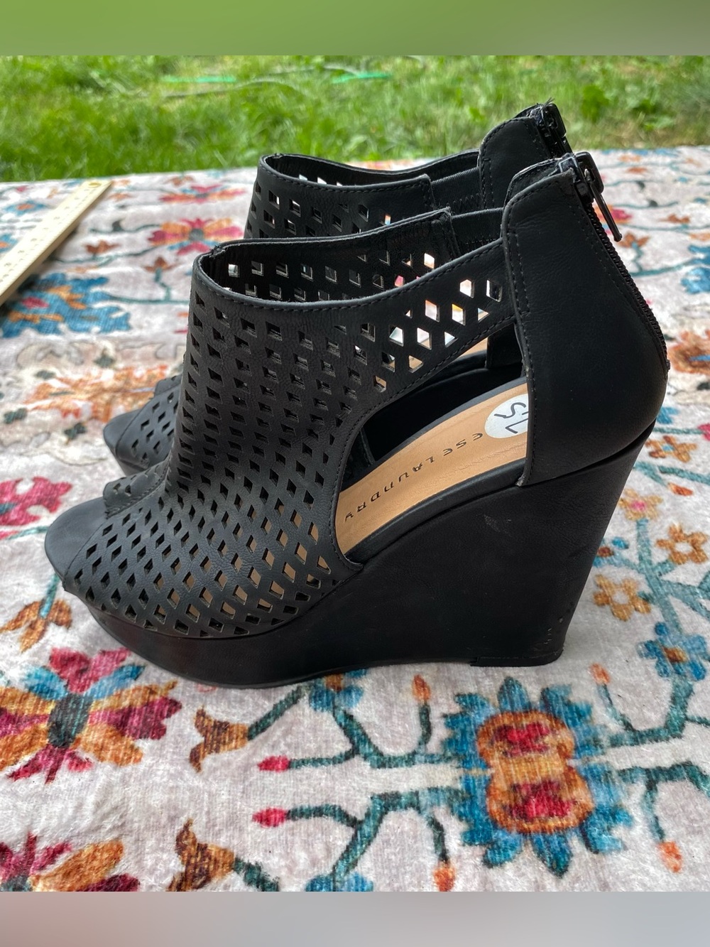 Chinese Laundry Black Perforated Open-Toe Wedge Sandals
